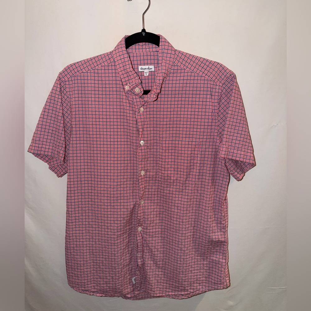 MENS SMALL STEVEN ALAN RED WHITE & BLUE SHORT SLEEVE BUTTON DOWN >$88 RETAIL
